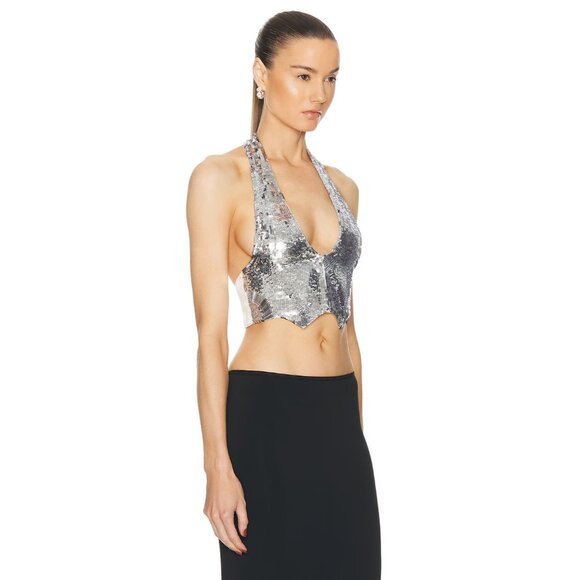 NERVI Eden Sequins Vest Silver Crop Top Embellished - Picture 2 of 5